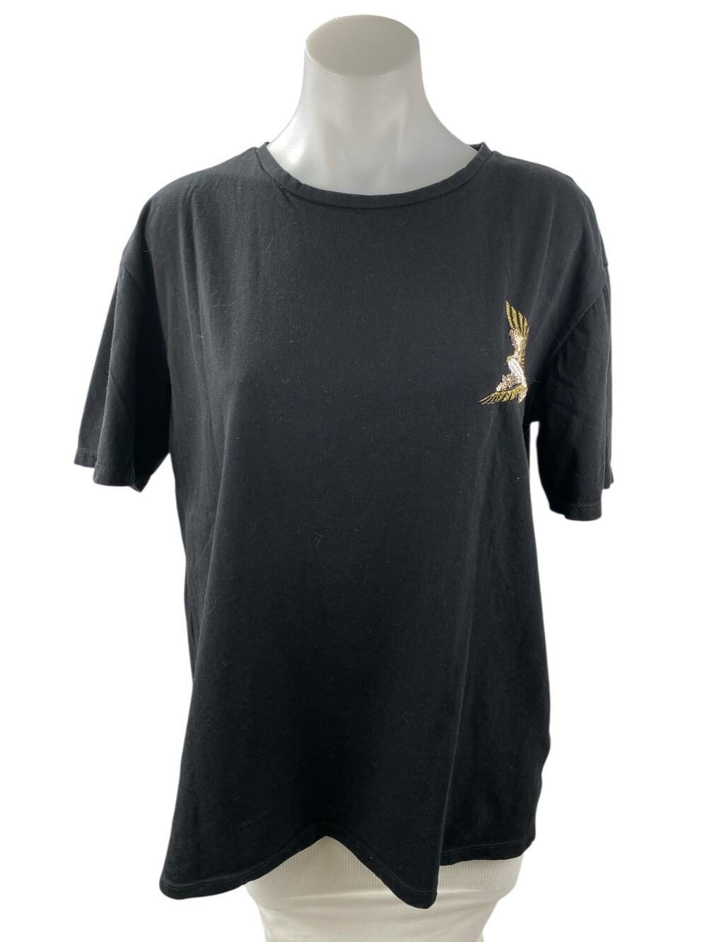 Le31 Simons Womens Black Sequin Bird Embroidered Crewneck T Shirt Tee Top Size L